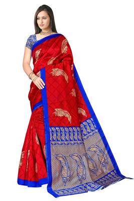 Red printed art silk saree with blouse 5