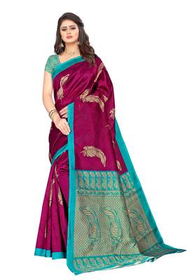 Purple printed art silk saree with blouse 1