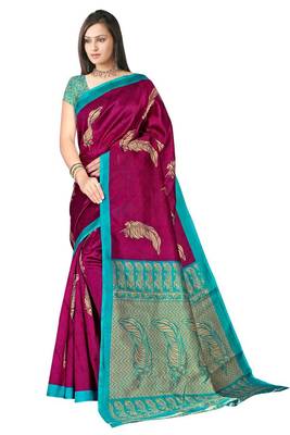 Purple printed art silk saree with blouse 5