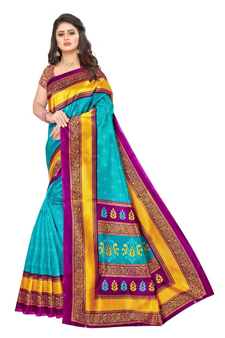 Sky blue printed art silk saree with blouse