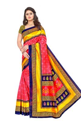 Pink printed art silk saree with blouse 1