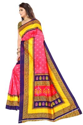 Pink printed art silk saree with blouse 2