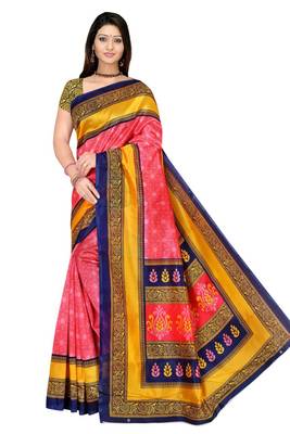 Pink printed art silk saree with blouse 5