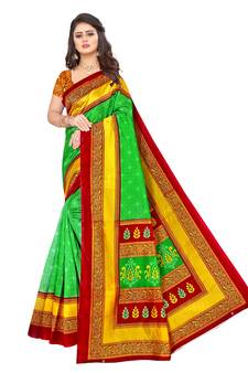 Green printed art silk saree with blouse