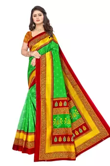 Green printed art silk saree with blouse