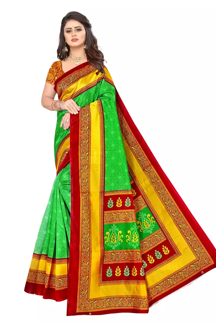Green printed art silk saree with blouse