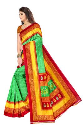 Green printed art silk saree with blouse 2