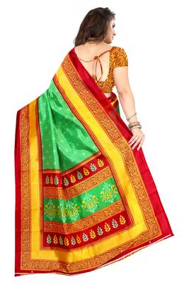 Green printed art silk saree with blouse 3