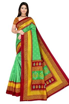 Green printed art silk saree with blouse 5