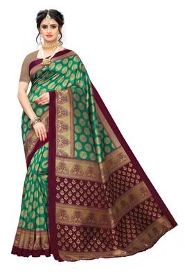 Green printed art silk saree with blouse 1