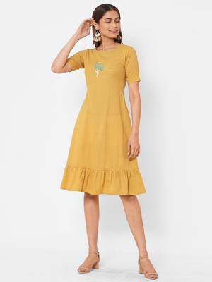 Yellow printed cotton long-dresses 1