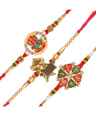 Pan Ganesh, Dholak Ganesh ji and  Heart Gold and Rhodium Plated Alloy Rakhi Set for Lovely Brother 1