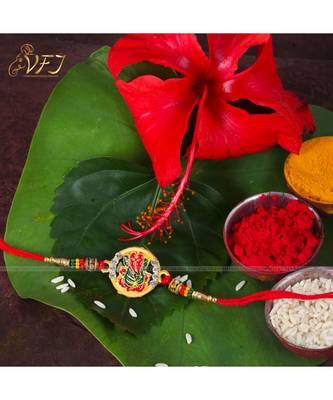 Pan Ganesh, Dholak Ganesh ji and  Heart Gold and Rhodium Plated Alloy Rakhi Set for Lovely Brother 2