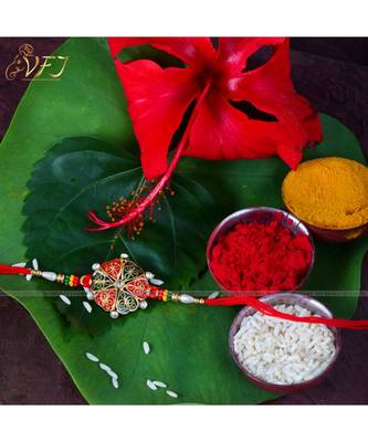 Pan Ganesh, Dholak Ganesh ji and  Heart Gold and Rhodium Plated Alloy Rakhi Set for Lovely Brother 3