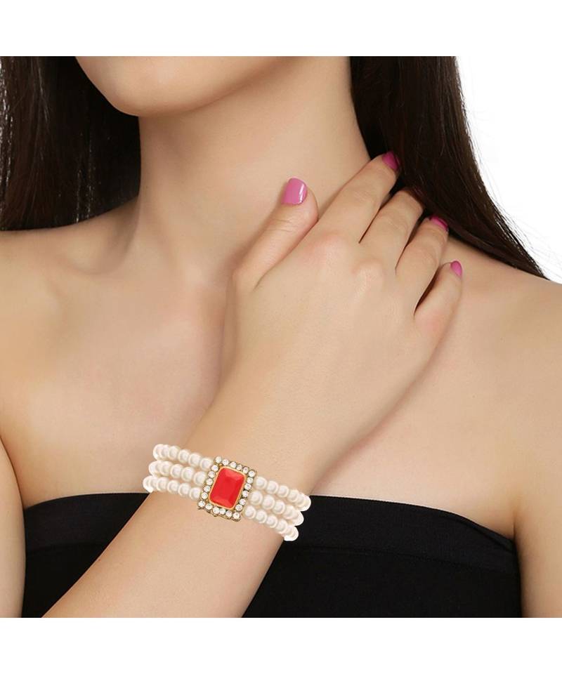 Red pearl Yellow Gold Alloy   Bracelet