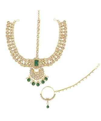Green kundan Yellow Gold Alloy   Necklace   Pair Earrings   Maatha Patti 4