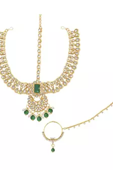 Green kundan Yellow Gold Alloy   Necklace   Pair Earrings   Maatha Patti