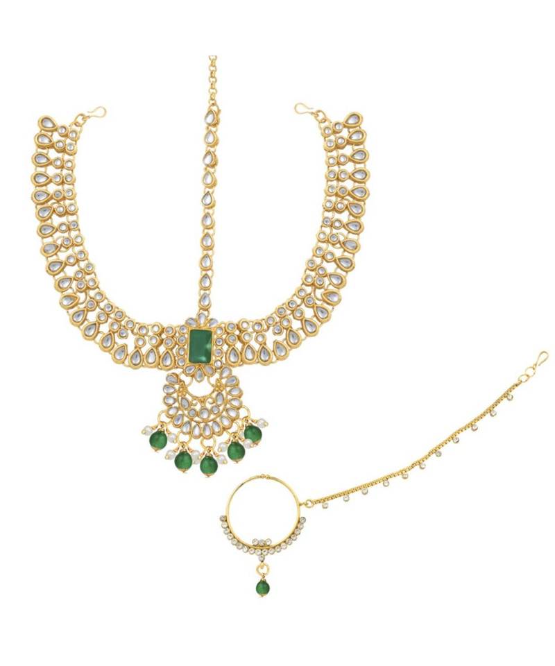 Green kundan Yellow Gold Alloy   Necklace   Pair Earrings   Maatha Patti