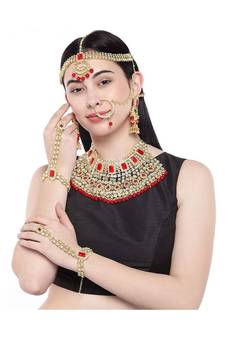 Maroon kundan Yellow Gold Alloy   Necklace   Pair Earrings   Maatha Patti