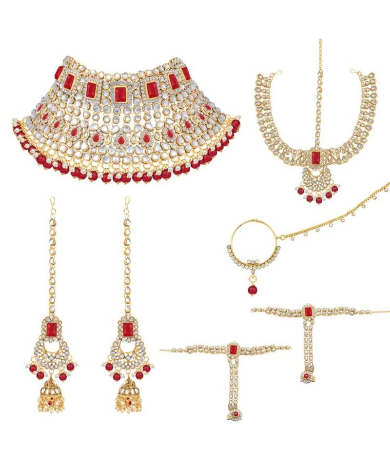 Maroon kundan Yellow Gold Alloy   Necklace   Pair Earrings   Maatha Patti