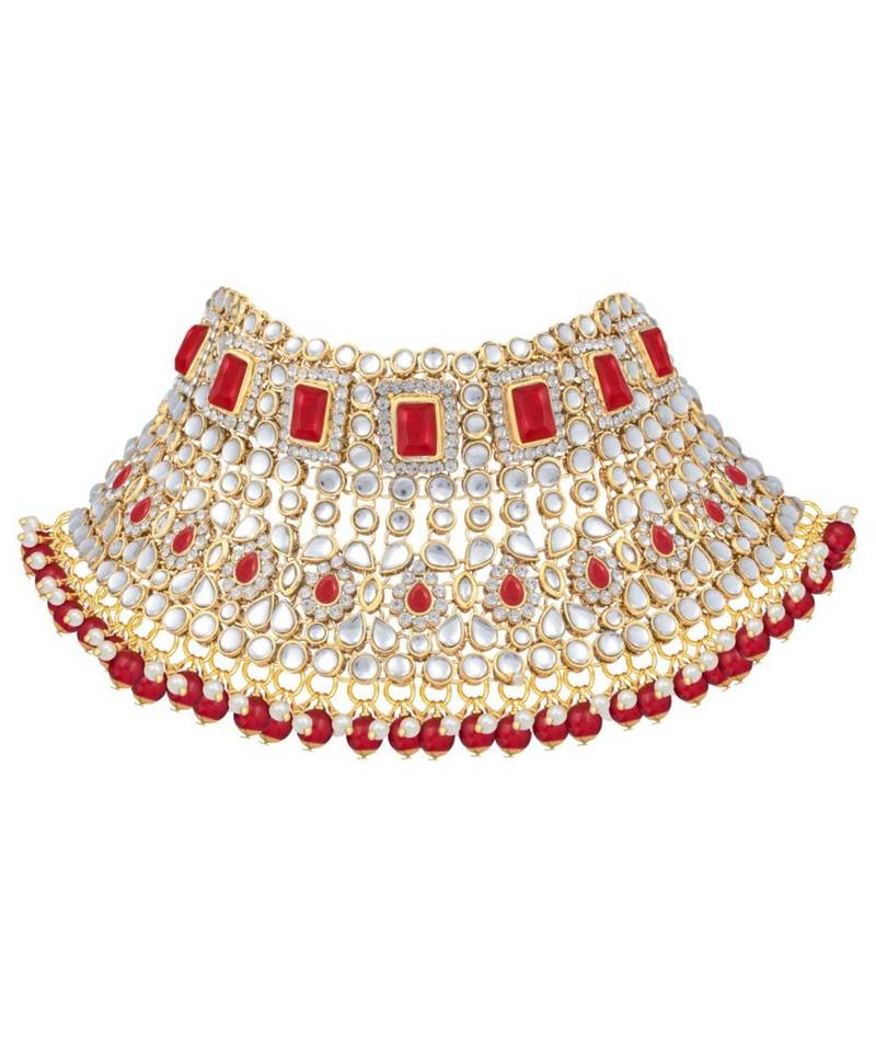 Maroon kundan Yellow Gold Alloy   Necklace   Pair Earrings   Maatha Patti