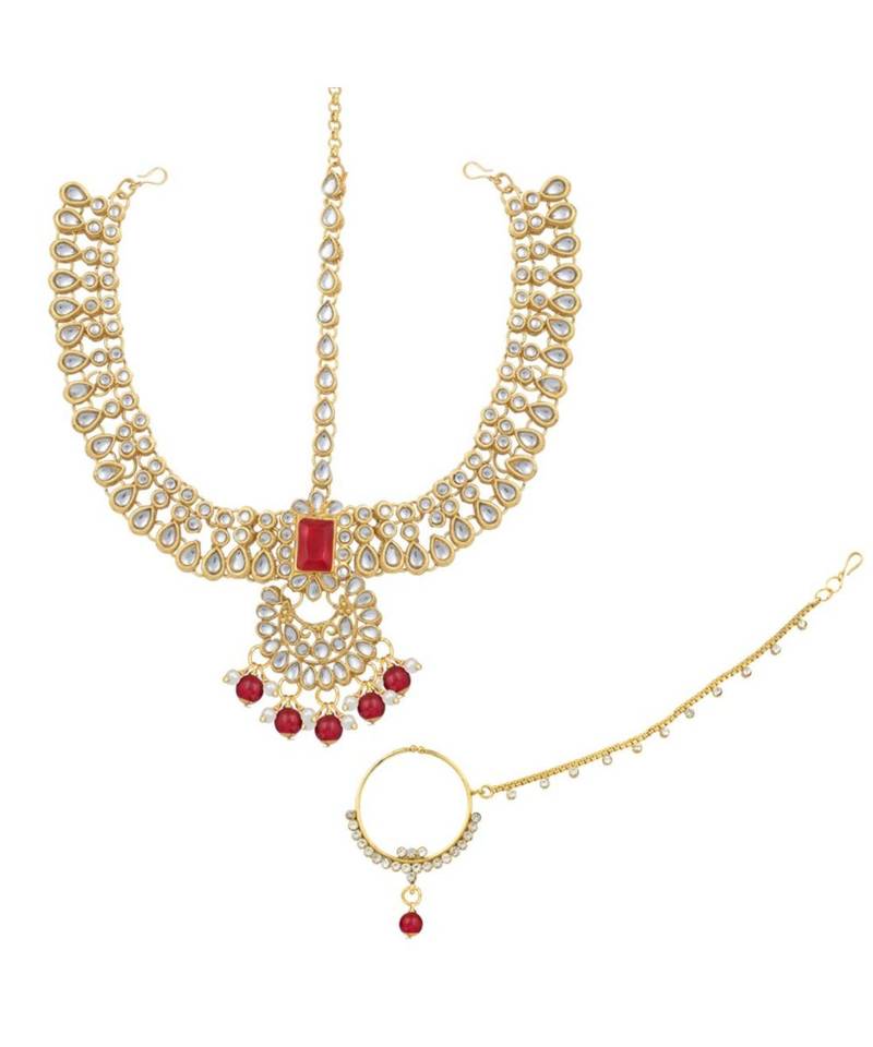 Maroon kundan Yellow Gold Alloy   Necklace   Pair Earrings   Maatha Patti