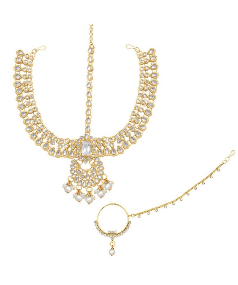 White kundan Yellow Gold Alloy   Necklace   Pair Earrings   Maatha Patti
