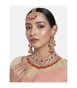 Maroon kundan Yellow Gold Alloy   Necklace   Pair Earrings   Maang Tikka