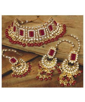 Maroon kundan Yellow Gold Alloy   Necklace   Pair Earrings   Maang Tikka 2
