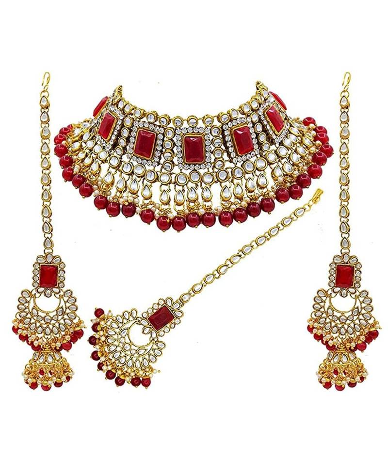 Maroon kundan Yellow Gold Alloy   Necklace   Pair Earrings   Maang Tikka