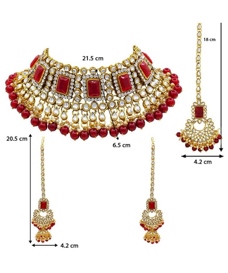 Maroon kundan Yellow Gold Alloy   Necklace   Pair Earrings   Maang Tikka