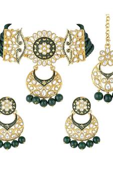 Green meenakari Yellow Gold Alloy   Necklace   Pair Earrings   Maang Tikka