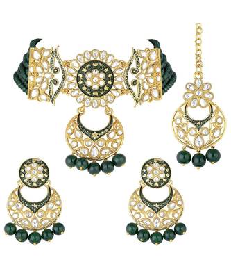 Green meenakari Yellow Gold Alloy   Necklace   Pair Earrings   Maang Tikka 1