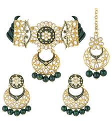 Green meenakari Yellow Gold Alloy   Necklace   Pair Earrings   Maang Tikka