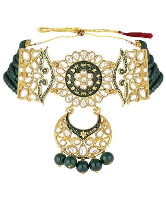Green meenakari Yellow Gold Alloy   Necklace   Pair Earrings   Maang Tikka 3