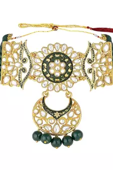 Green meenakari Yellow Gold Alloy   Necklace   Pair Earrings   Maang Tikka