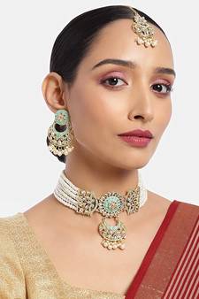 Green meenakari Yellow Gold Alloy   Necklace   Pair Earrings   Maang Tikka