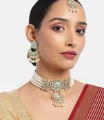 Green meenakari Yellow Gold Alloy   Necklace   Pair Earrings   Maang Tikka