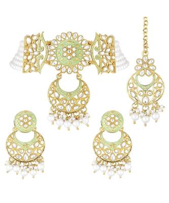 Green meenakari Yellow Gold Alloy   Necklace   Pair Earrings   Maang Tikka 2