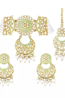 Green meenakari Yellow Gold Alloy   Necklace   Pair Earrings   Maang Tikka