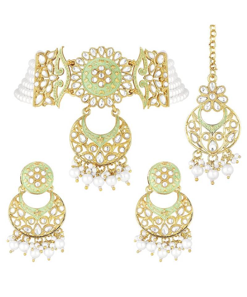Green meenakari Yellow Gold Alloy   Necklace   Pair Earrings   Maang Tikka