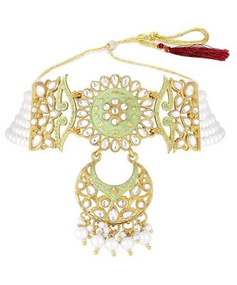 Green meenakari Yellow Gold Alloy   Necklace   Pair Earrings   Maang Tikka 3