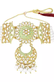 Green meenakari Yellow Gold Alloy   Necklace   Pair Earrings   Maang Tikka