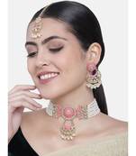 Pink meenakari Yellow Gold Alloy   Necklace   Pair Earrings   Maang Tikka