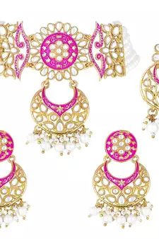 Pink meenakari Yellow Gold Alloy   Necklace   Pair Earrings   Maang Tikka