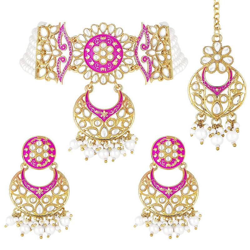 Pink meenakari Yellow Gold Alloy   Necklace   Pair Earrings   Maang Tikka