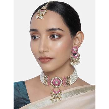 Pink meenakari Yellow Gold Alloy   Necklace   Pair Earrings   Maang Tikka 3