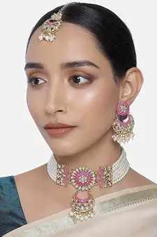 Pink meenakari Yellow Gold Alloy   Necklace   Pair Earrings   Maang Tikka