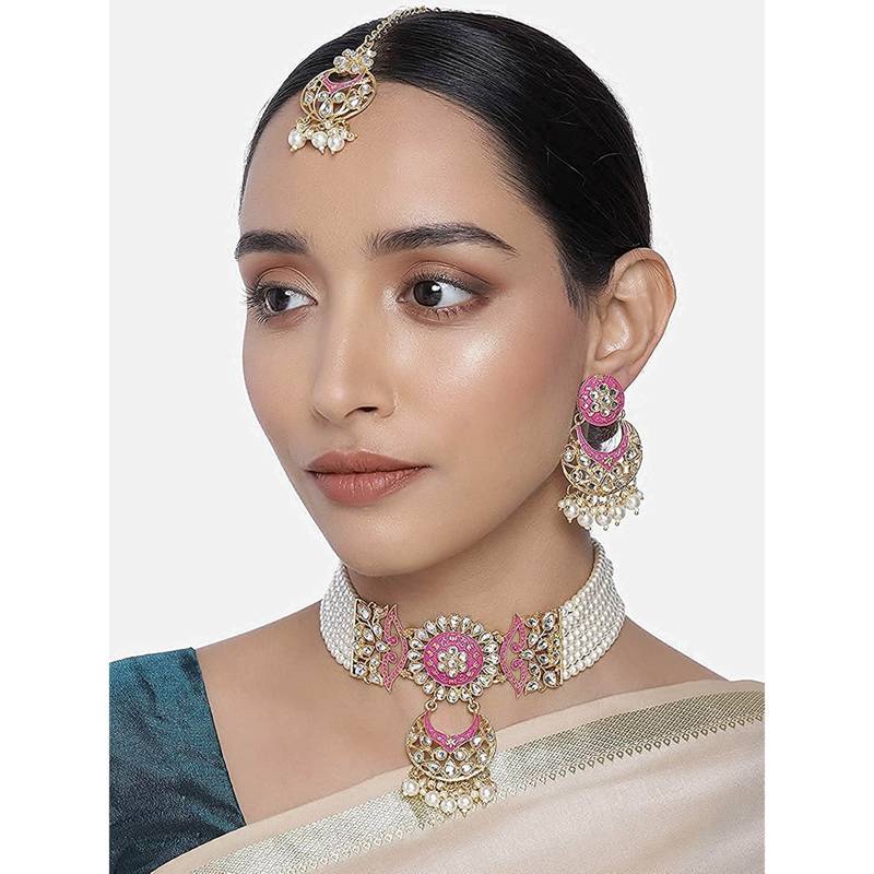 Pink meenakari Yellow Gold Alloy   Necklace   Pair Earrings   Maang Tikka