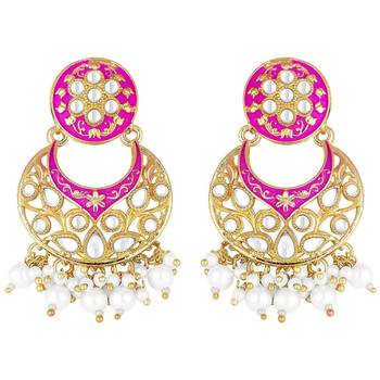 Pink meenakari Yellow Gold Alloy   Necklace   Pair Earrings   Maang Tikka 4